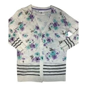 Croft & Barrow Floral Cardigan Sweater Womens‎ XS Striped Trim Knitwear